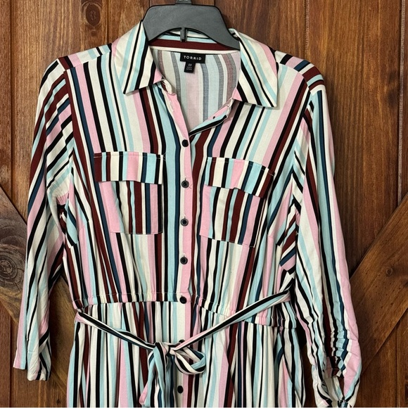 Torrid Midi Stretch Challis Button Front Shirt Dress Multi Color 00 - Picture 2 of 9